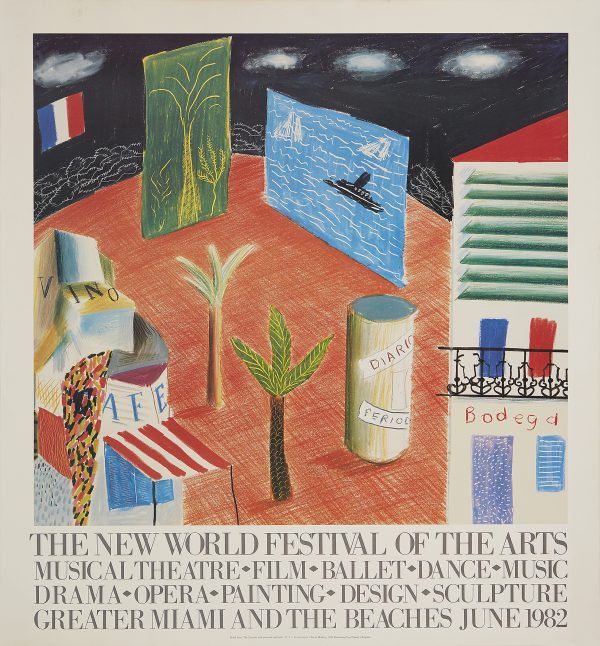 An original exhibition poster by David Hockney, 1982, at The New World Festival of the Arts, Greater Miami and the Beaches