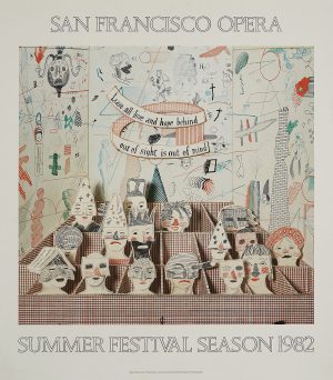 An original exhibition poster by David Hockey, 1982, advertising the summer festival season at the San Francisco Opera.
