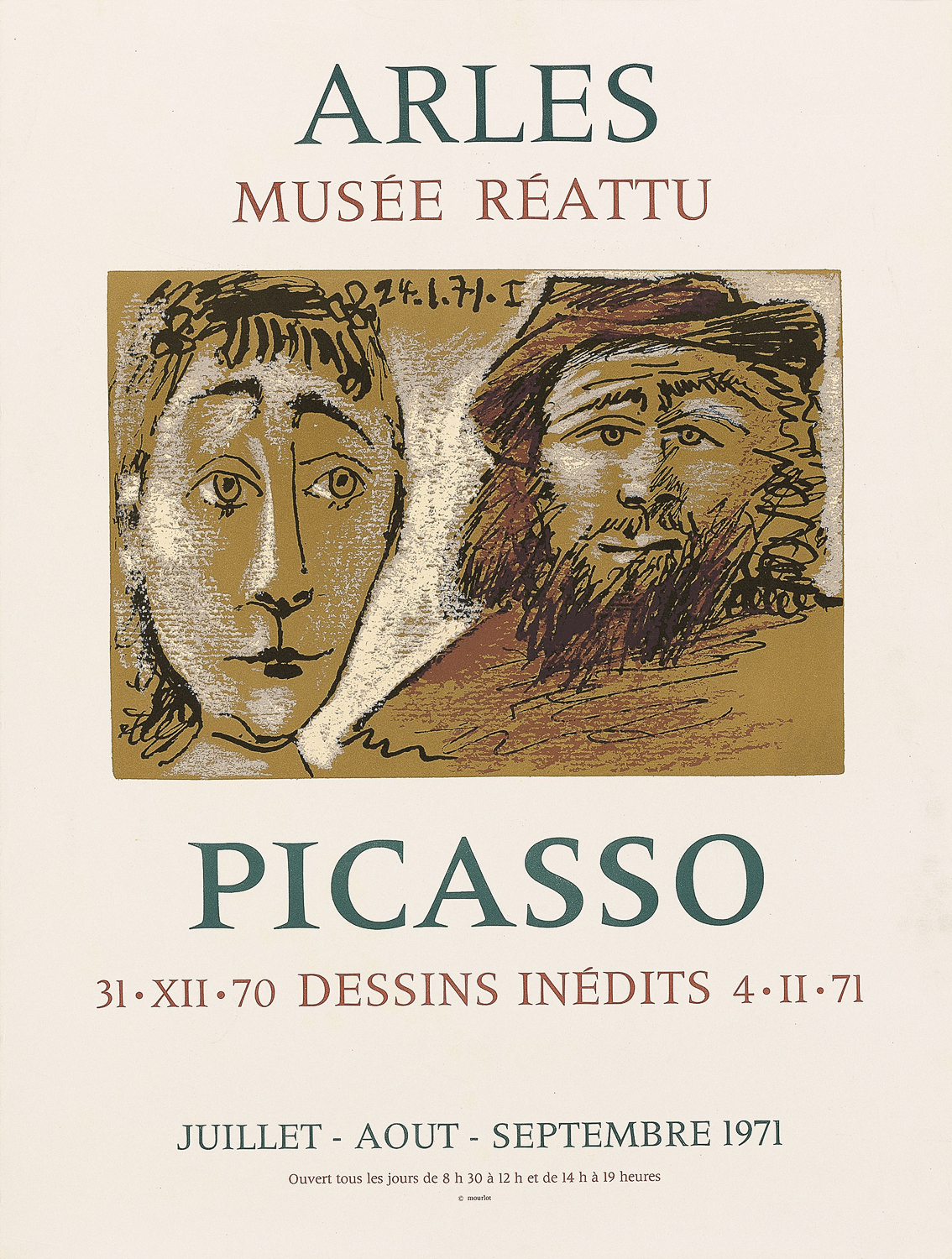 101 Picasso. 31 XII 70 Dessins Inedits 4 II 71, an original exhibition poster by Picasso at Musee Reattu, Arles, 1971