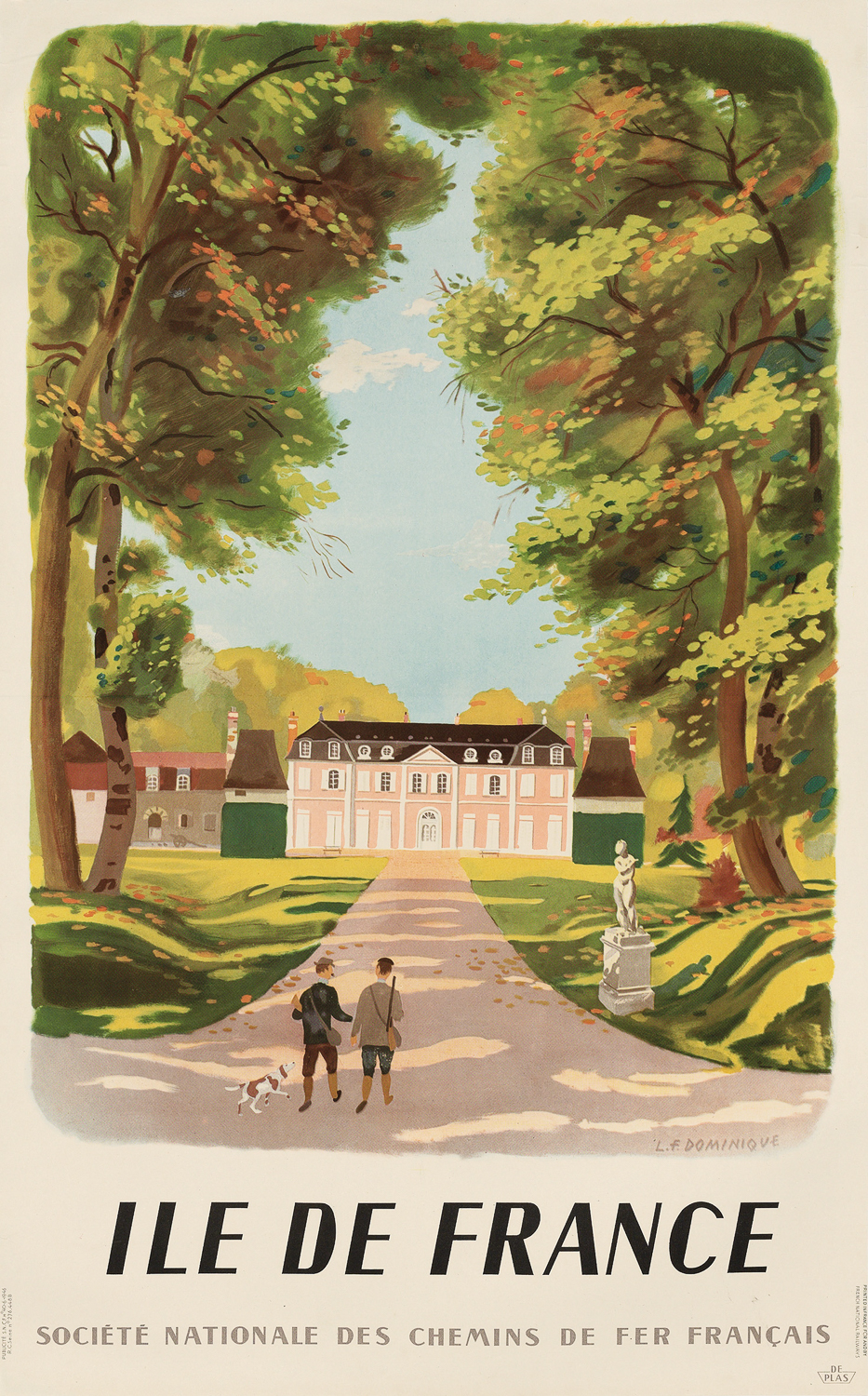 Ile de France, an original lithographic poster by L.F.Dominique commissioned by the SNCF featuring two guns and a hunting dog