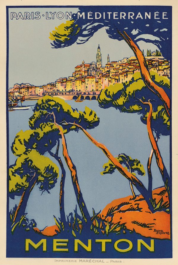 An original lithographic poster 'Menton' by Roger Broders, commissioned by the PLM advertising the French Riviera resort of Menton with its medieval old town home to Basilique Saint-Michel