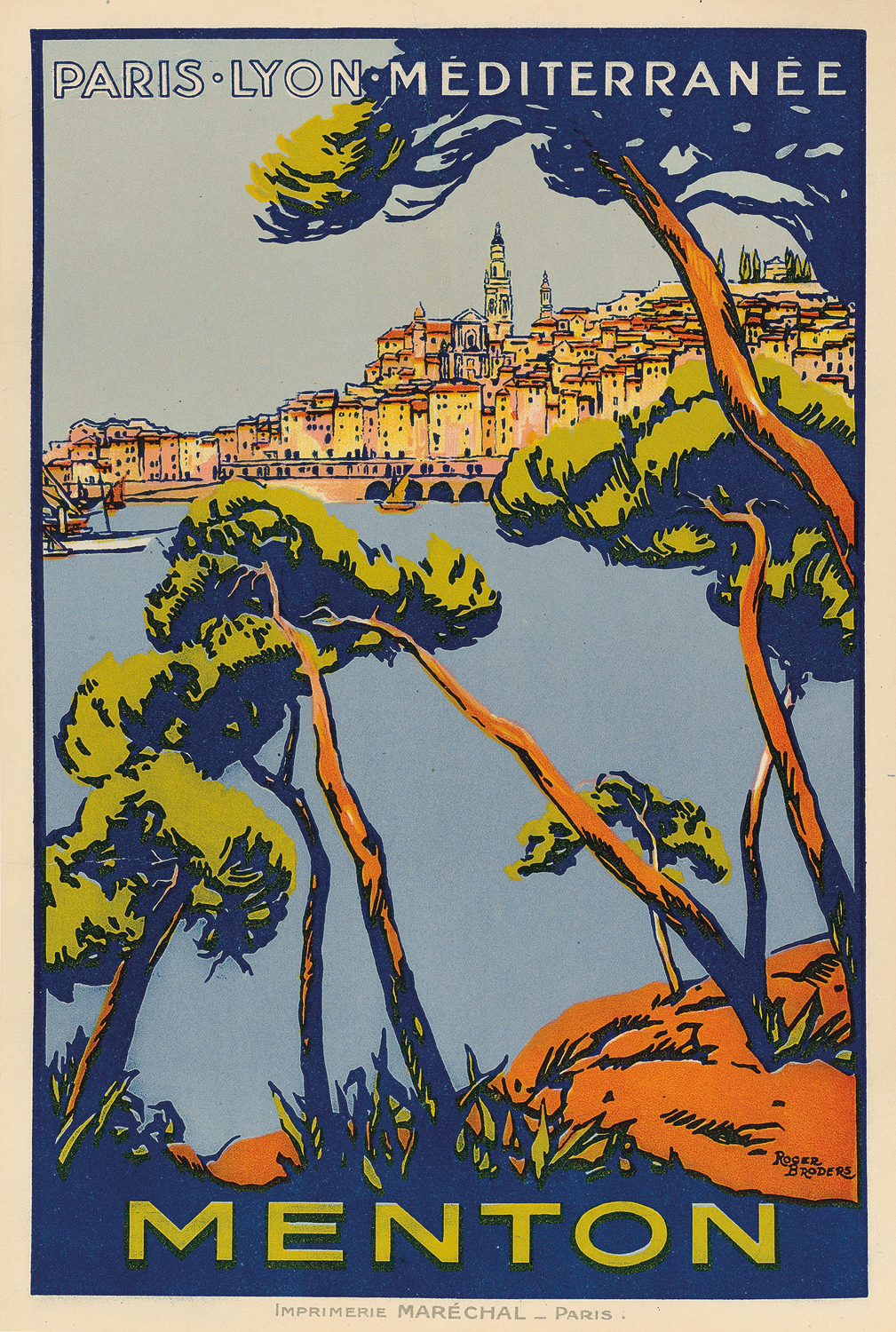 104 An original lithographic poster 'Menton' by Roger Broders, commissioned by the PLM advertising the French Riviera resort of Menton with its medieval old town home to Basilique Saint-Michel