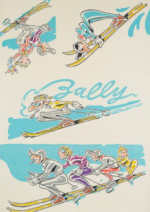 An original vintage lithographic ski poster advertising Bally, the Swiss brand