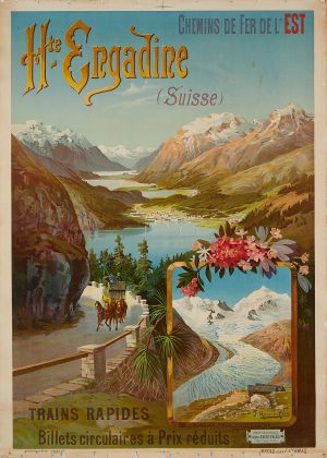 An original lithographic vintage ski poster advertising the benefits of the Swiss region of Hte Engadine, featuring the summer and winter scenes