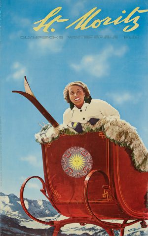 An original vintage ski poster advertising the health benefits of the Swiss ski resort St.Moritz, featuring Olympische Winterspeile 1940 and the sun emblem
