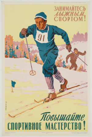 an original lithographic ski poster featuring a Russian cross country skier
