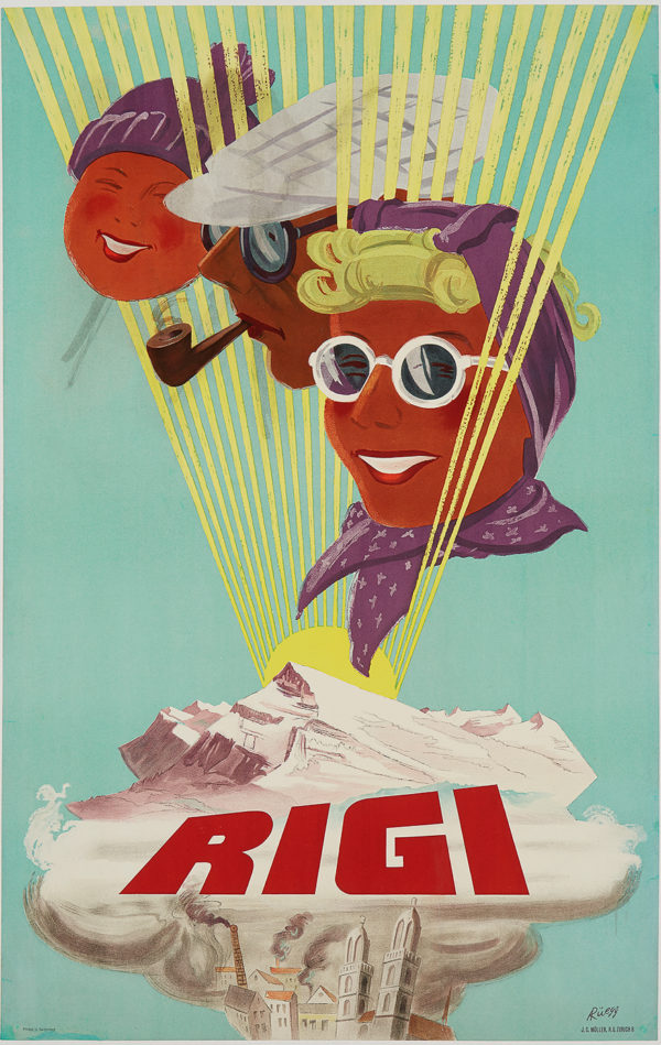 an original lithographic ski poster advertising Rigi in Switzerland by Ruegg featuring mountains