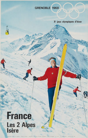 An original vintage ski poster advertising the Xes Jeux Olympiques d'hiver in Grenoble France in 1968 featuring skiers and advertising Les 2 Alpes Isere