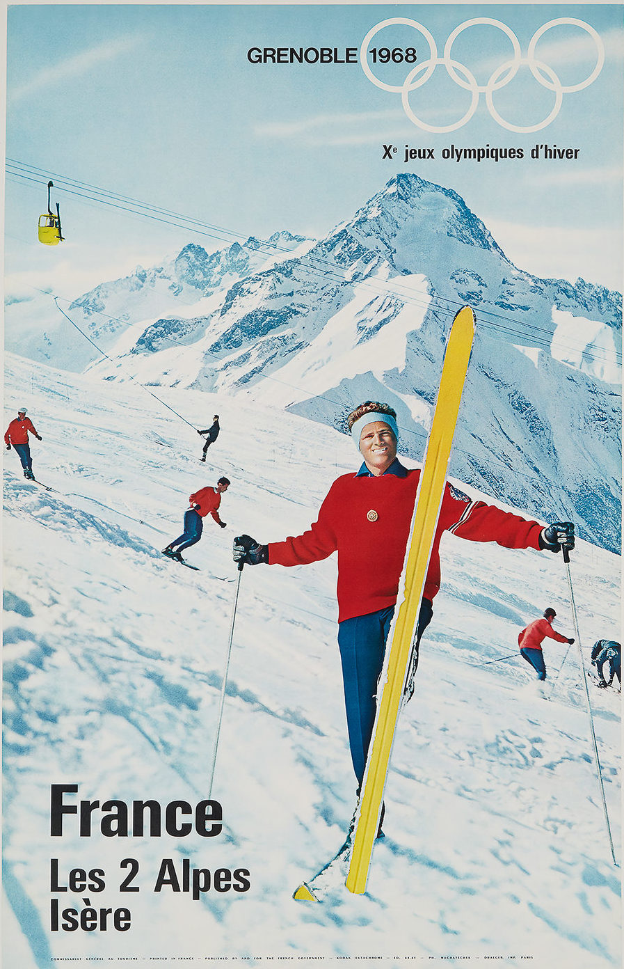28 An original vintage ski poster advertising the Xes Jeux Olympiques d'hiver in Grenoble France in 1968 featuring skiers and advertising Les 2 Alpes Isere