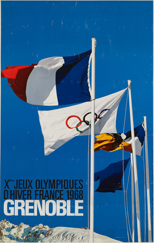 An original ski poster advertising the Xemes Jeux Olympiques D'Hiver France, 1968 in Grenoble France