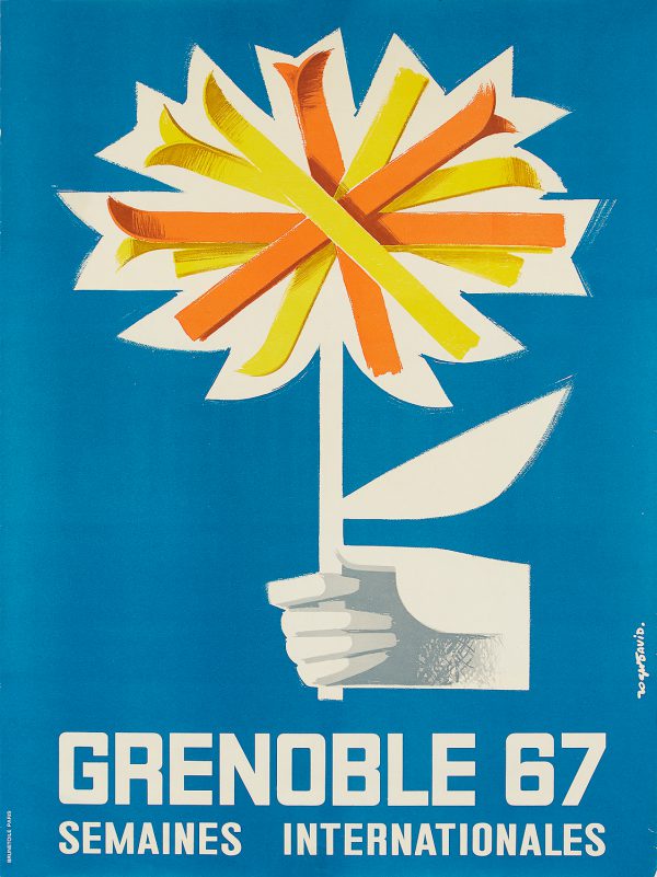 An original vintage ski poster advertising Grenoble, 1967