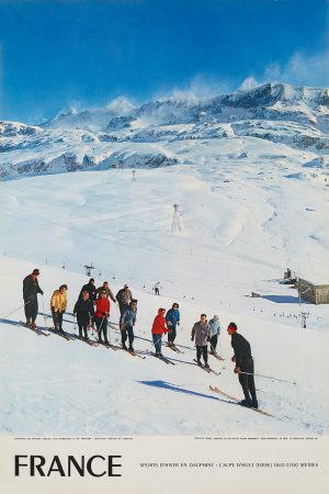 An original vintage photographic ski poster featuring Sport's Dhiver en dauphine, Alpe d'huez, France, featuring ski school