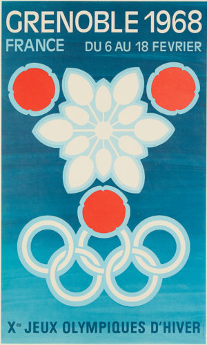 An original vintage poster advertising the Xes Jeux Olympiques d'hiver in Grenoble France in 1968 featuring the Olympic rings