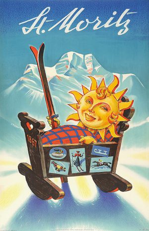 An original lithographic ski poster advertising the health benefits of the Swiss ski resort St.Moritz, featuring the Matterhorn, a craddle and wooden skis and the sun on the mountains