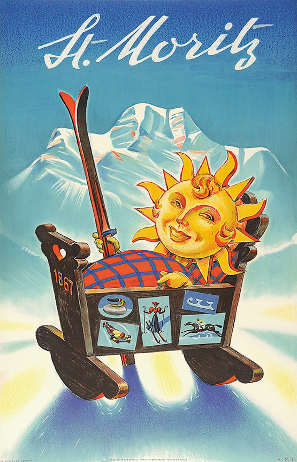 77 An original lithographic ski poster advertising the health benefits of the Swiss ski resort St.Moritz, featuring the Matterhorn, a craddle and wooden skis and the sun on the mountains