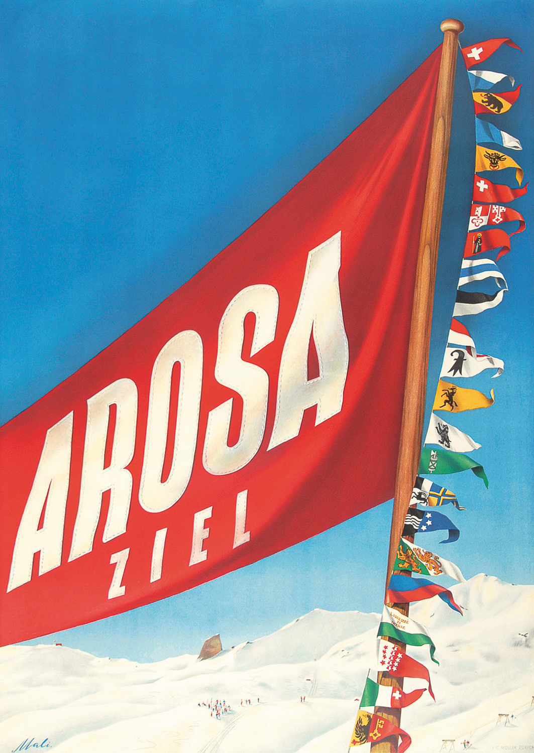 79 An original lithographic ski poster by Mali advertising the Swiss ski resort Arosa Ziel showing skiers on the piste