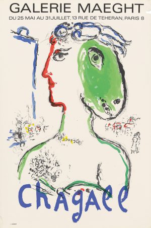 An original lithographic poster published by Mourlor for an exhibition of Marc Chagall's works at Galerie Maeght, Paris