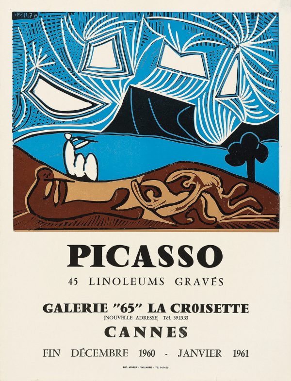 Picasso. 45 Linoleums Graves, an original exhibition poster at Galerie "65" La Croisette, Cannes, 1961