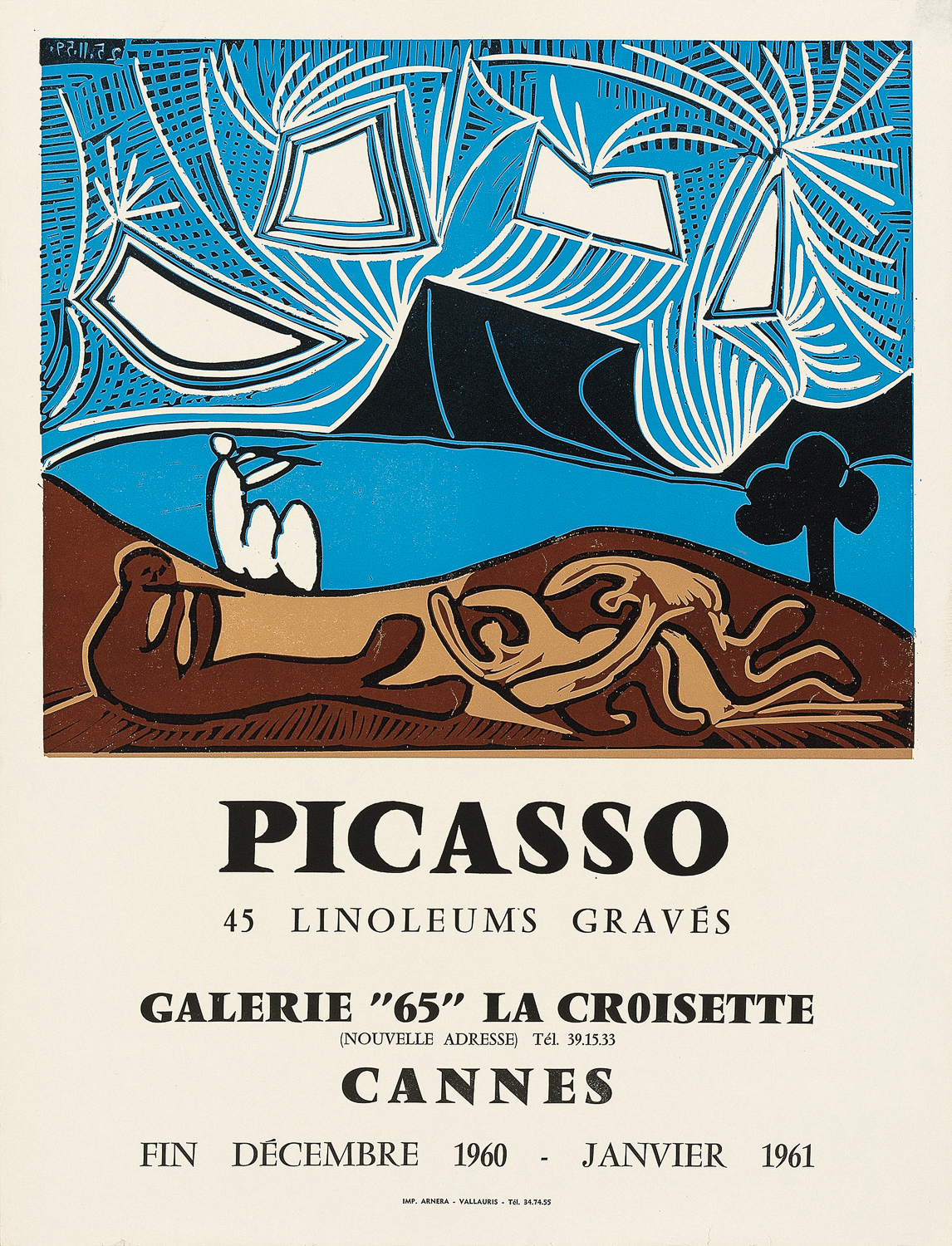 93 Picasso. 45 Linoleums Graves, an original exhibition poster at Galerie "65" La Croisette, Cannes, 1961