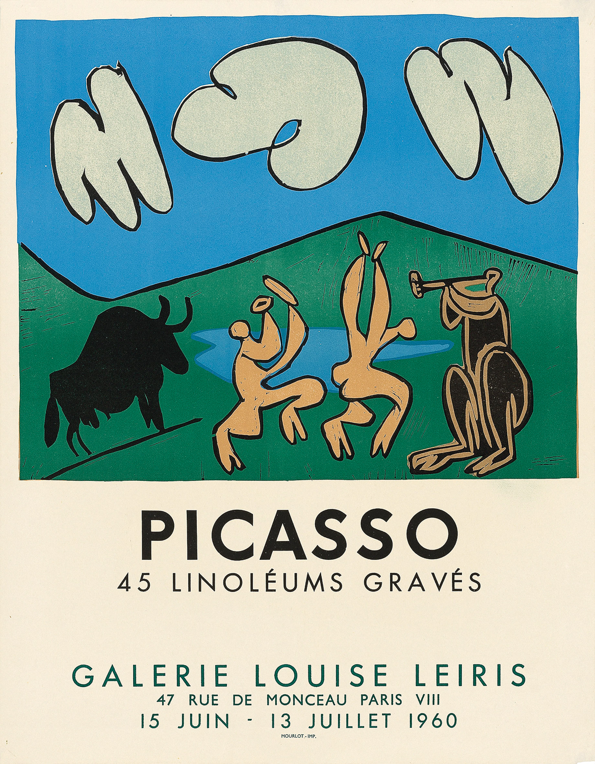 96 Picasso. 45 Linoleums Graves, an original exhibition poster by Picasso at Galerie Louise Leiris, Paris, France, 1960