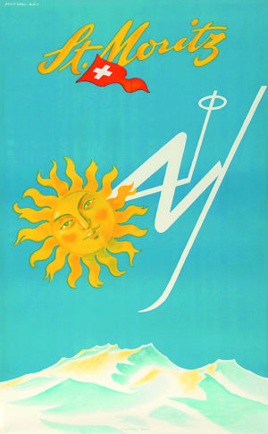 An original ski poster by Franco Barberis for the Swiss resort of St. Moritz