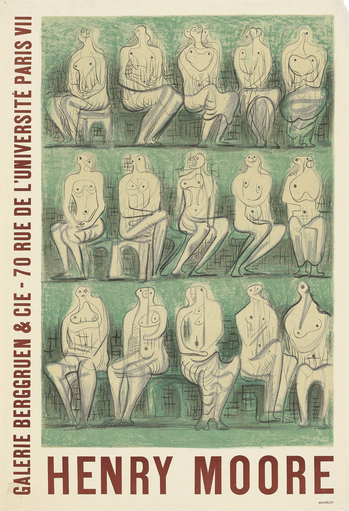 Henry Moore An original vintage poster printed by Mourlot for an exhibition of Henry Moore works at Galerie Berggruen, Paris.