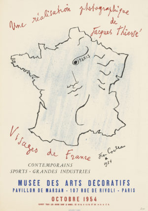 An original 1954 poster by Jean Cocteau featuring a hand drawn map of France for a exhibition at the Musee des Arts Decoratifs, Paris