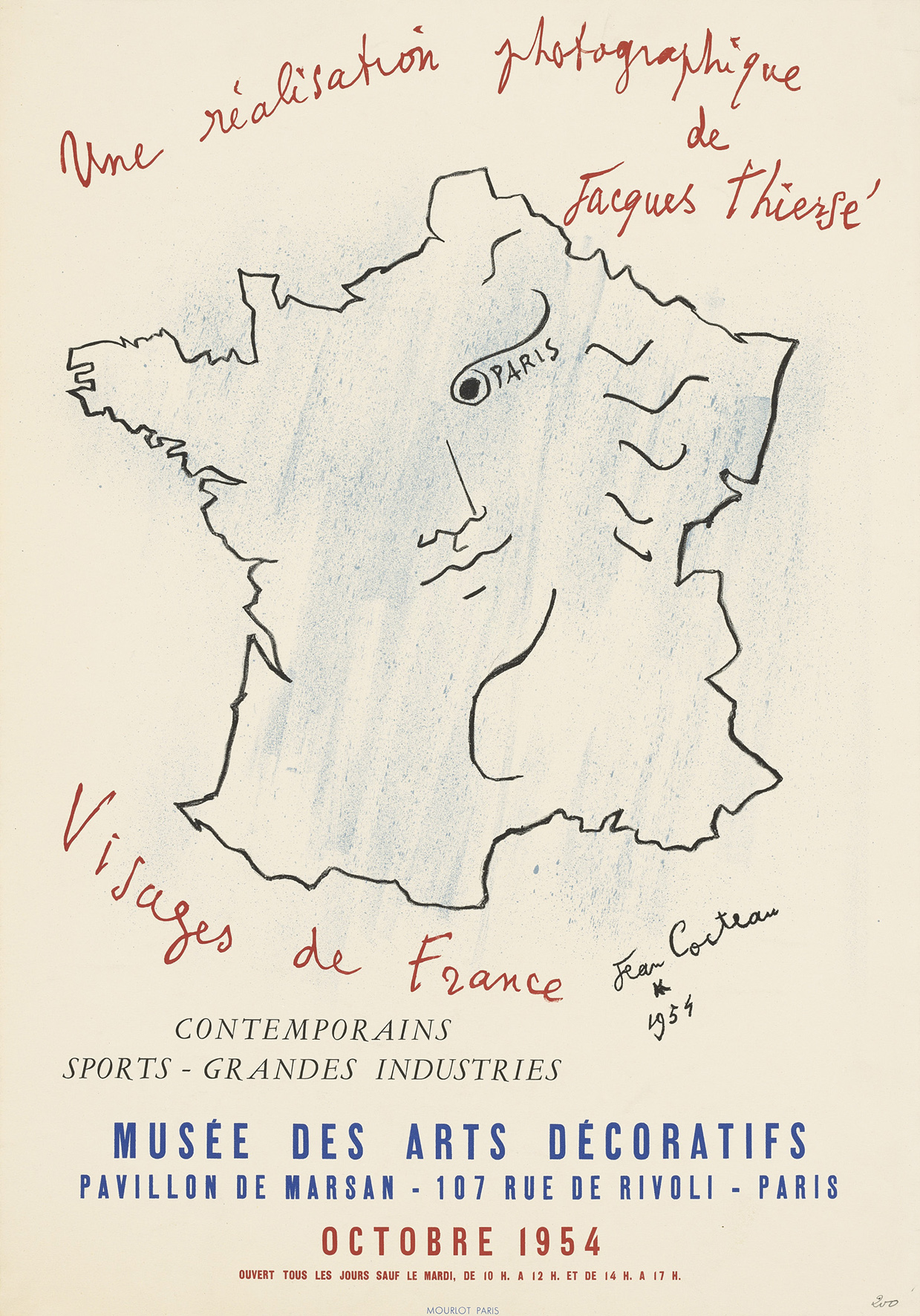 An original 1954 poster by Jean Cocteau featuring a hand drawn map of France for a exhibition at the Musee des Arts Decoratifs, Paris