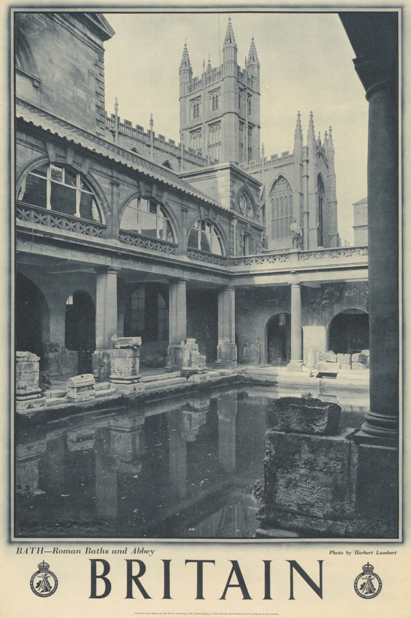 Vintage 1940s poster of Bath, featuring Roman Baths and Abbey by Herbert Lambert