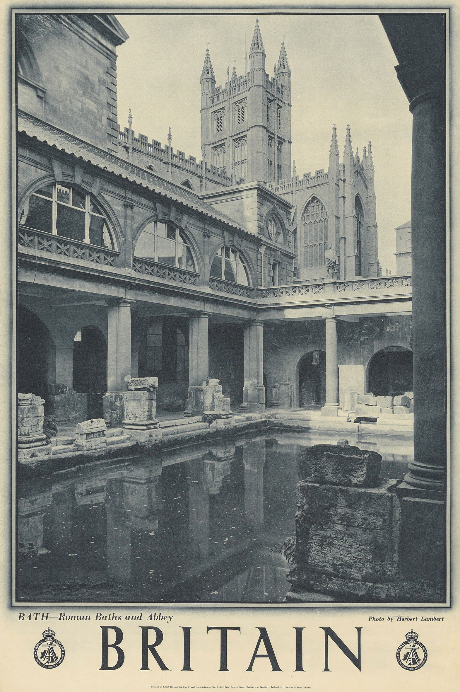 Britain-Bath Vintage 1940s poster of Bath, featuring Roman Baths and Abbey by Herbert Lambert