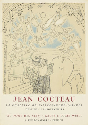 Original vintage poster for Jean Cocteau's exhibition at La Chapelle de Villefranche-Sur-Mer