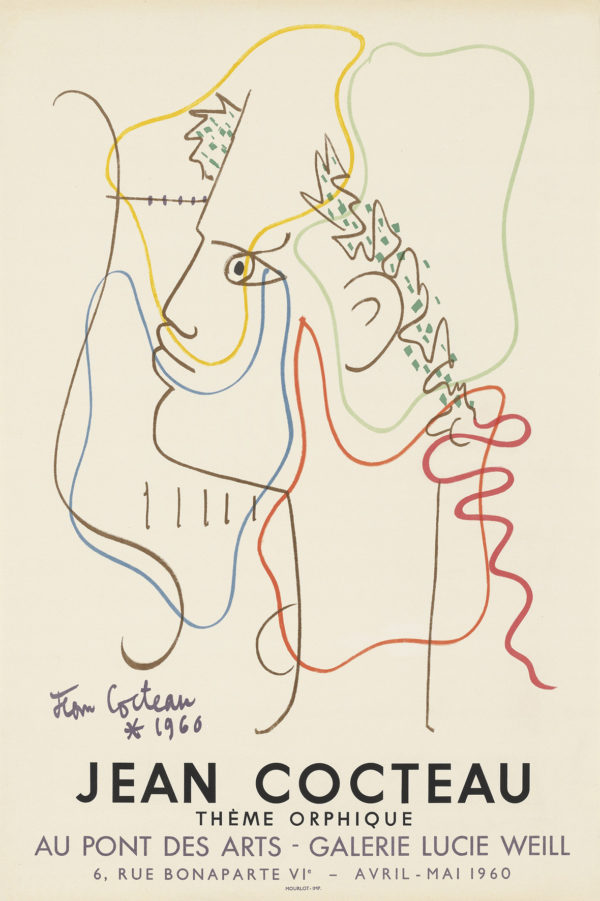 An original poster by Jean Cocteau for an exhibition, 'Therme Orphique' at Galerie Lucie Weill 1960